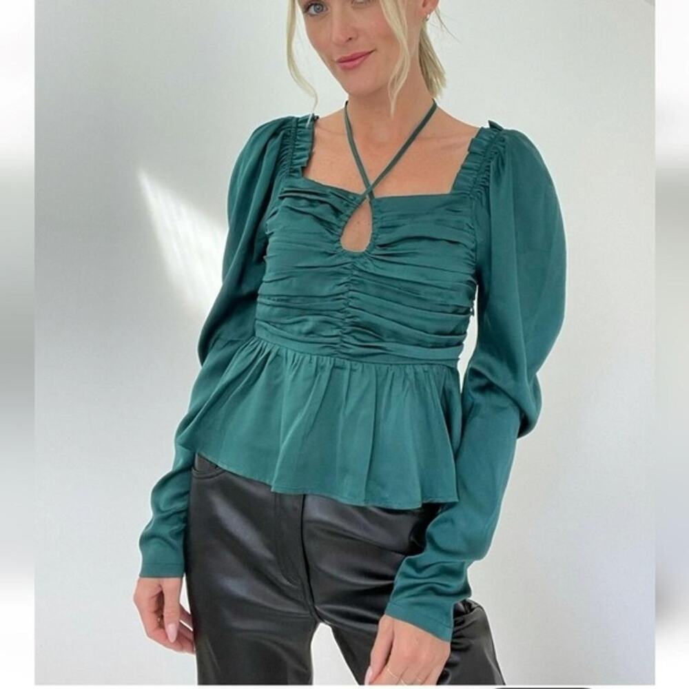 SIX/FIFTY Women's Peplum Blouse Puff Sleeves Smocked Hunter Green NEW ~ Size L